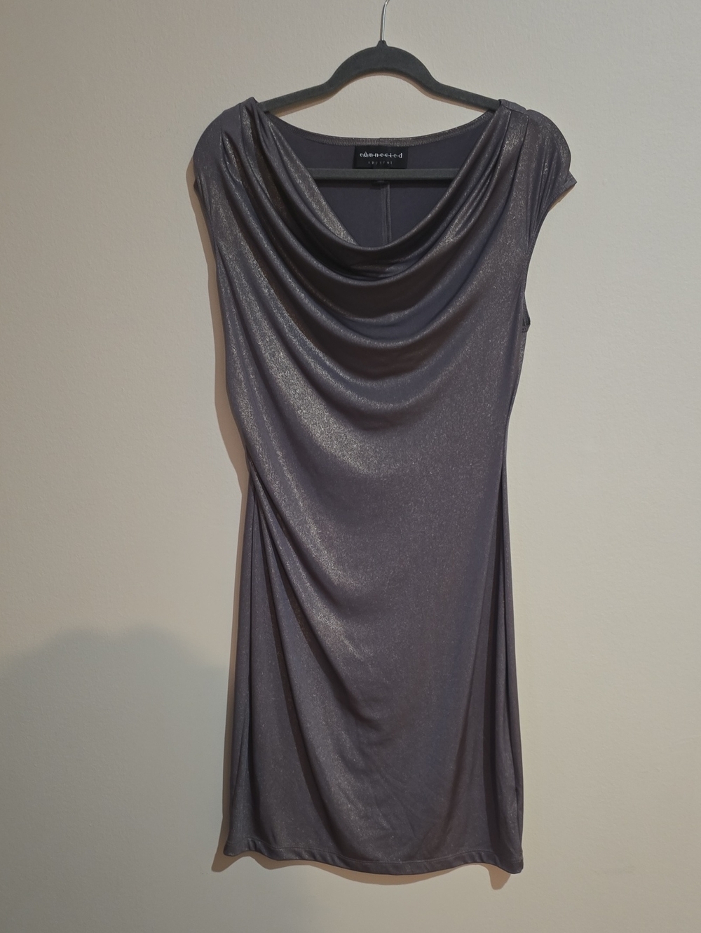 connected apparel Shimmery Charcoal Cowl-Neck Midi Dress